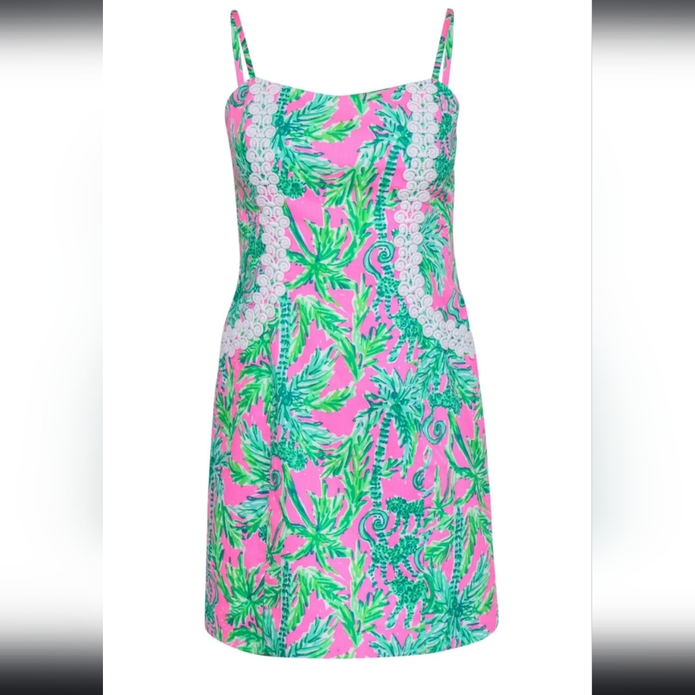 Lilly Pulitzer - Neon Pink & Lime Green Palm & Monkey Print "Shelli" Dress